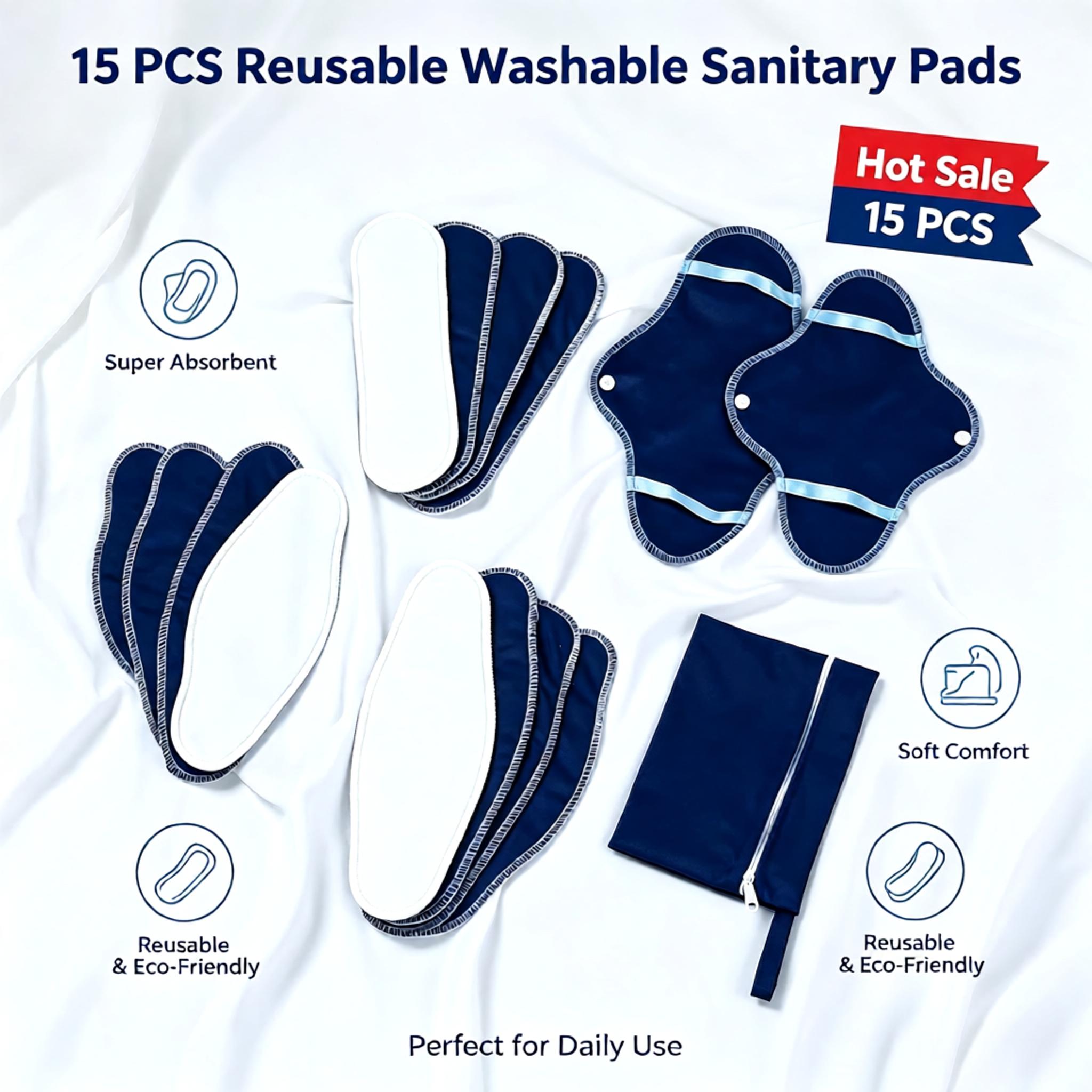 Cloth Pad Reusable - 15 Serviettes hygiéniques lavables et réutilisables